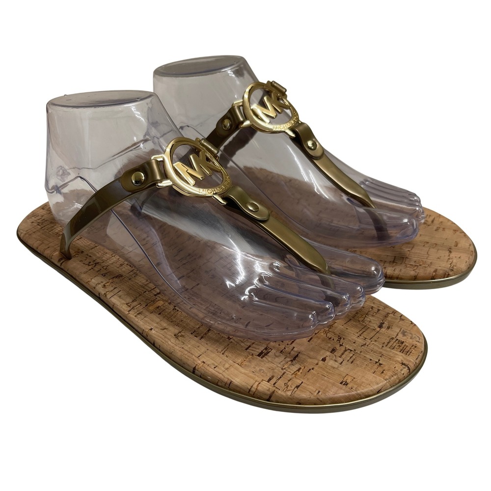 Michael Kors‎ Sandals 11 Gold Thong Flip Flop Cork Jelly MK Logo Quiet Luxury